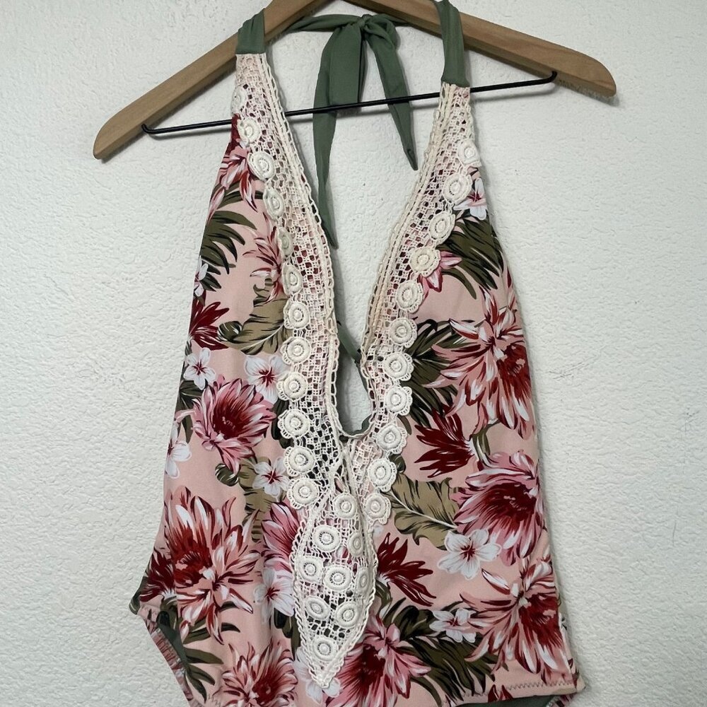 Kona Sol Women’s One-Piece Swimsuit Size Large Peach Floral Crochet Trim Plunge - Picture 5 of 8